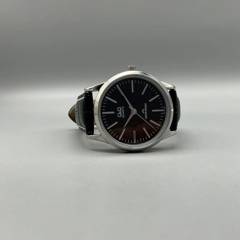 Q&Q Womens Watch 30mm Black Dial Silver Tone Black Leather Band New Battery